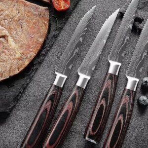 4 piece Damascus pattern steak knives dark brown