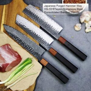 Japanese Hammered Damascus Knives Set 3 Piece - 67 Layers